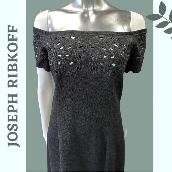 Joseph Ribkoff Off the Shoulder Little Black Dress Cut Out Beaded Embroidered 8 - Picture 6 of 9